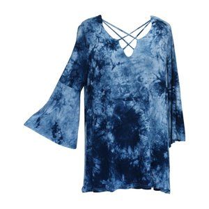 Umgee Crossed Tie Dye Bell Sleeve Top, Blue